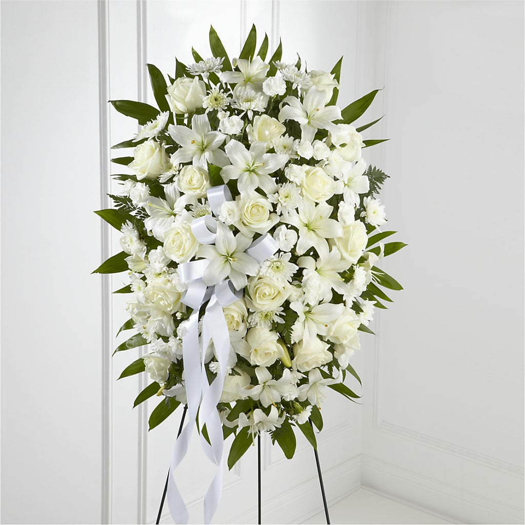 Exquisite Tribute Standing Spray-White Ribbon – CASEY'S FLORIST, Princeton NC